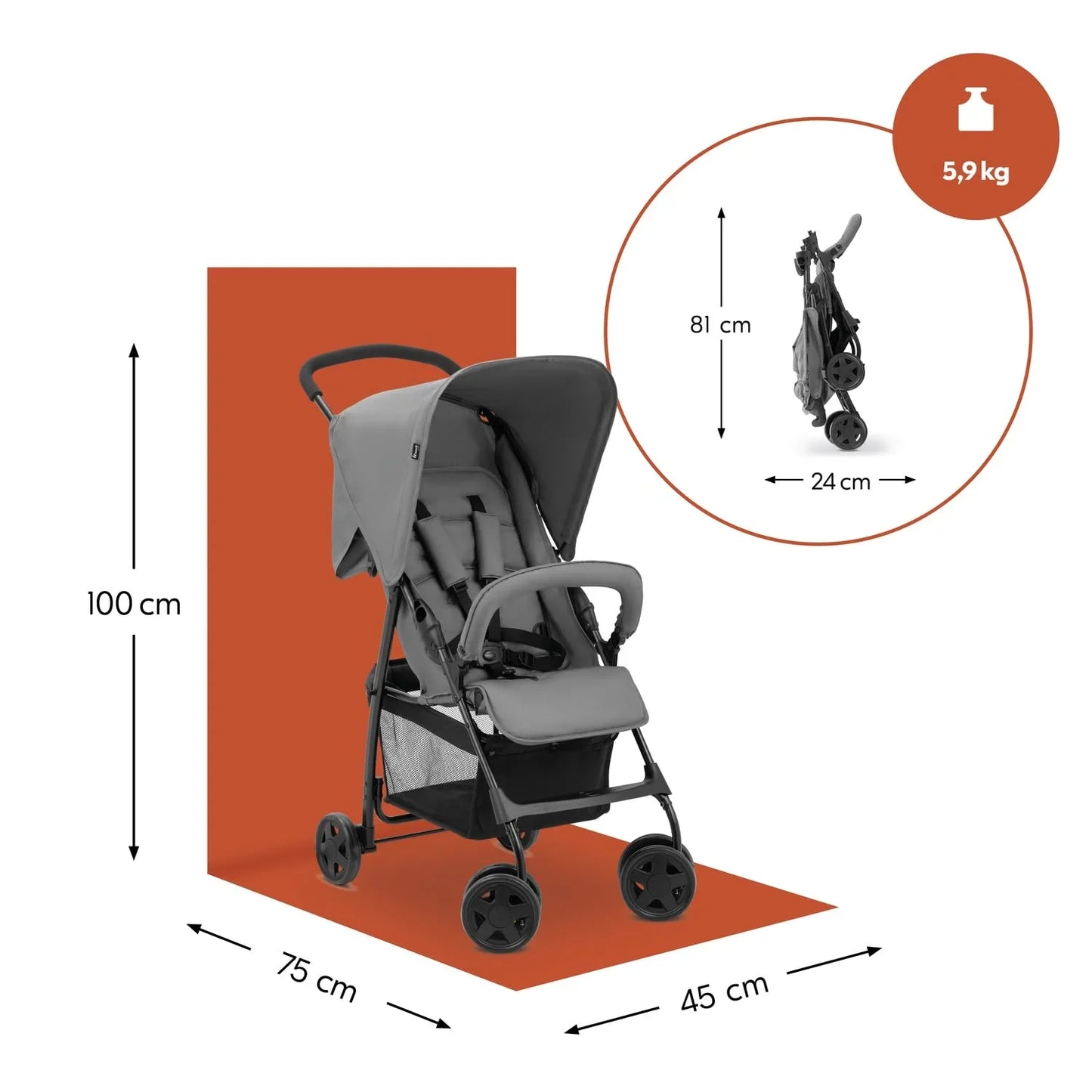 hauck Buggy Sport, Grau – Federleichter Reisebuggy 5,9 kg – mit Liegefunktion für Kinder ab Geburt bis 15 kg – Klein zusammenklappbar, Großer Einkaufskorb bis 3 kg