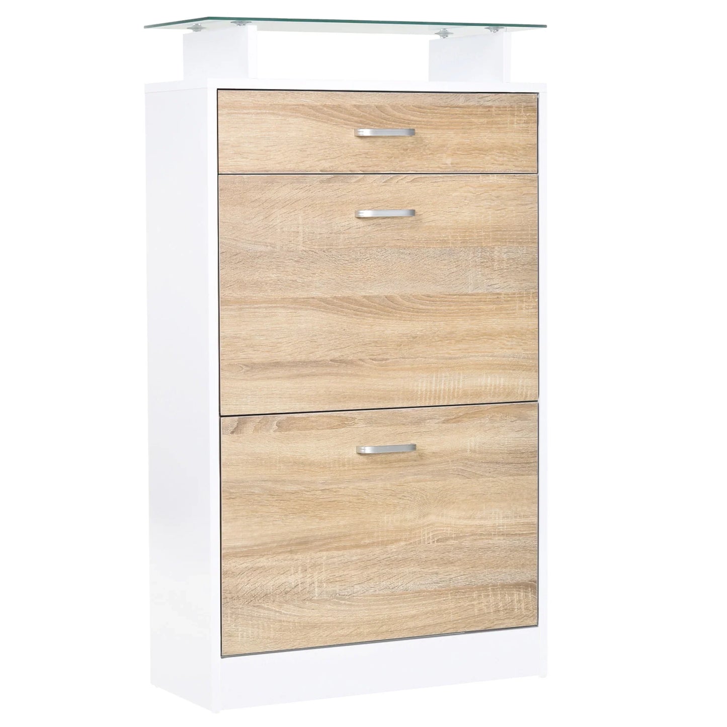 HOMCOM Schuhschrank mit 3 Schubladen, Glasablage und Aluminiumgriff für Flur, 50 kg Belastbarkeit, 60x24x105,5 cm - Natur