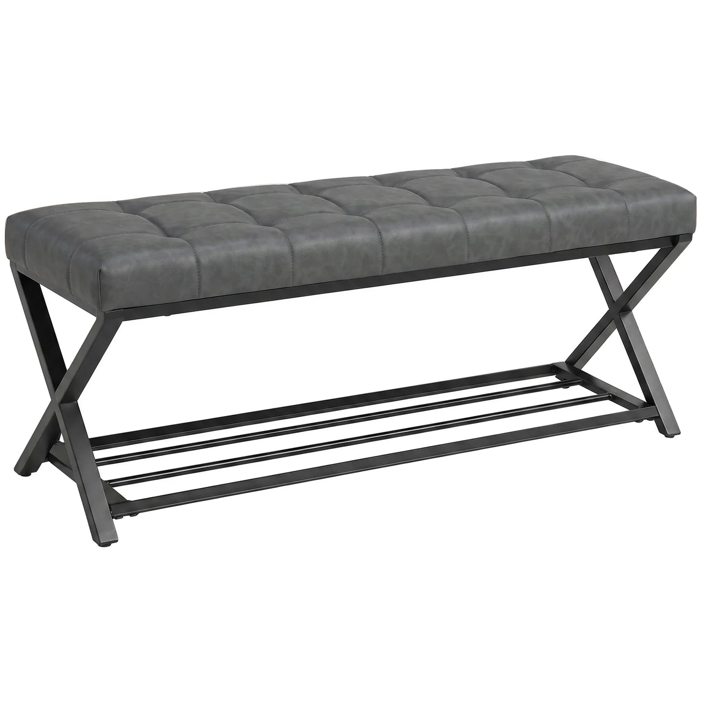 HOMCOM Gepolsterte Schuhbank mit Stauraum — Industrial X‑Frame Stahl, PU‑Kunstleder, 220 kg Tragfähigkeit, 112×37×47 cm, Dunkelgrau
