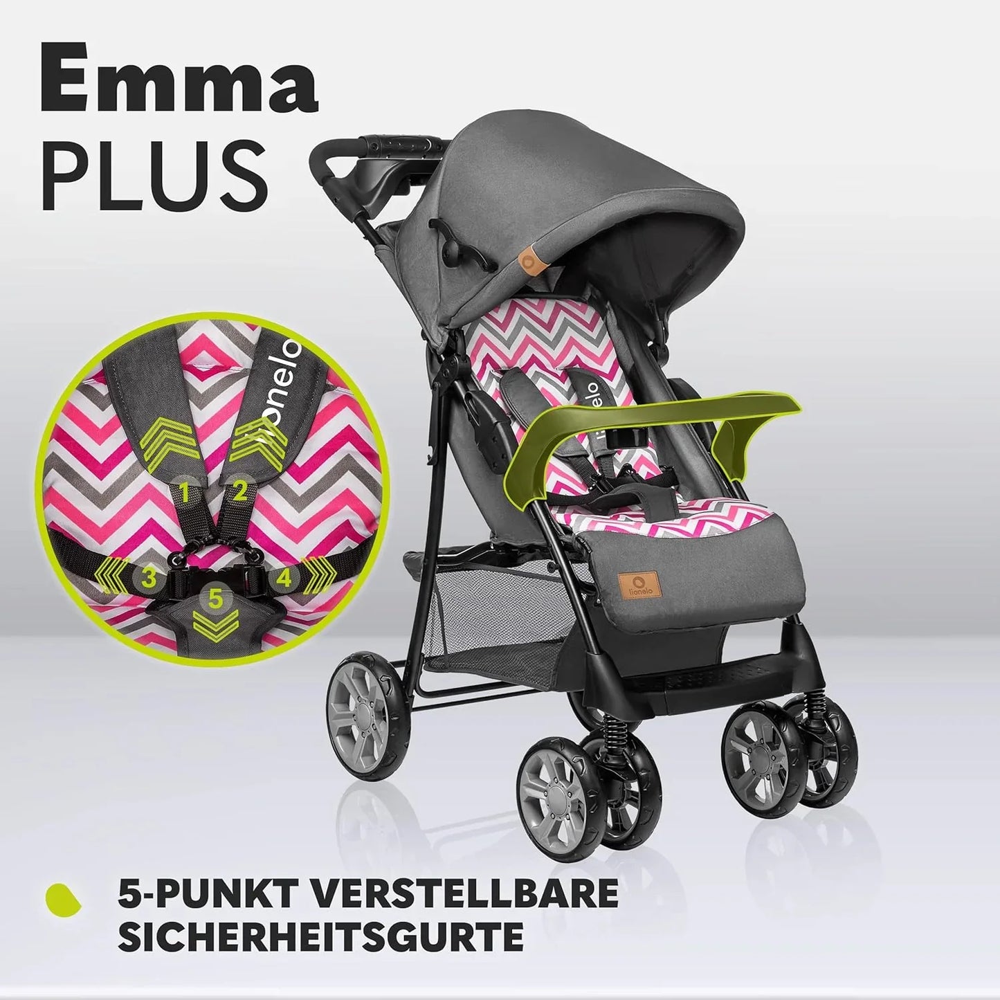 LIONELO Emma Plus Kinderwagen bis zu 15 kg, Kindersportwagen, leicht, modern, klein, Buggy mit Liegeposition, zusammenklappbar, große Räder, großer Korb