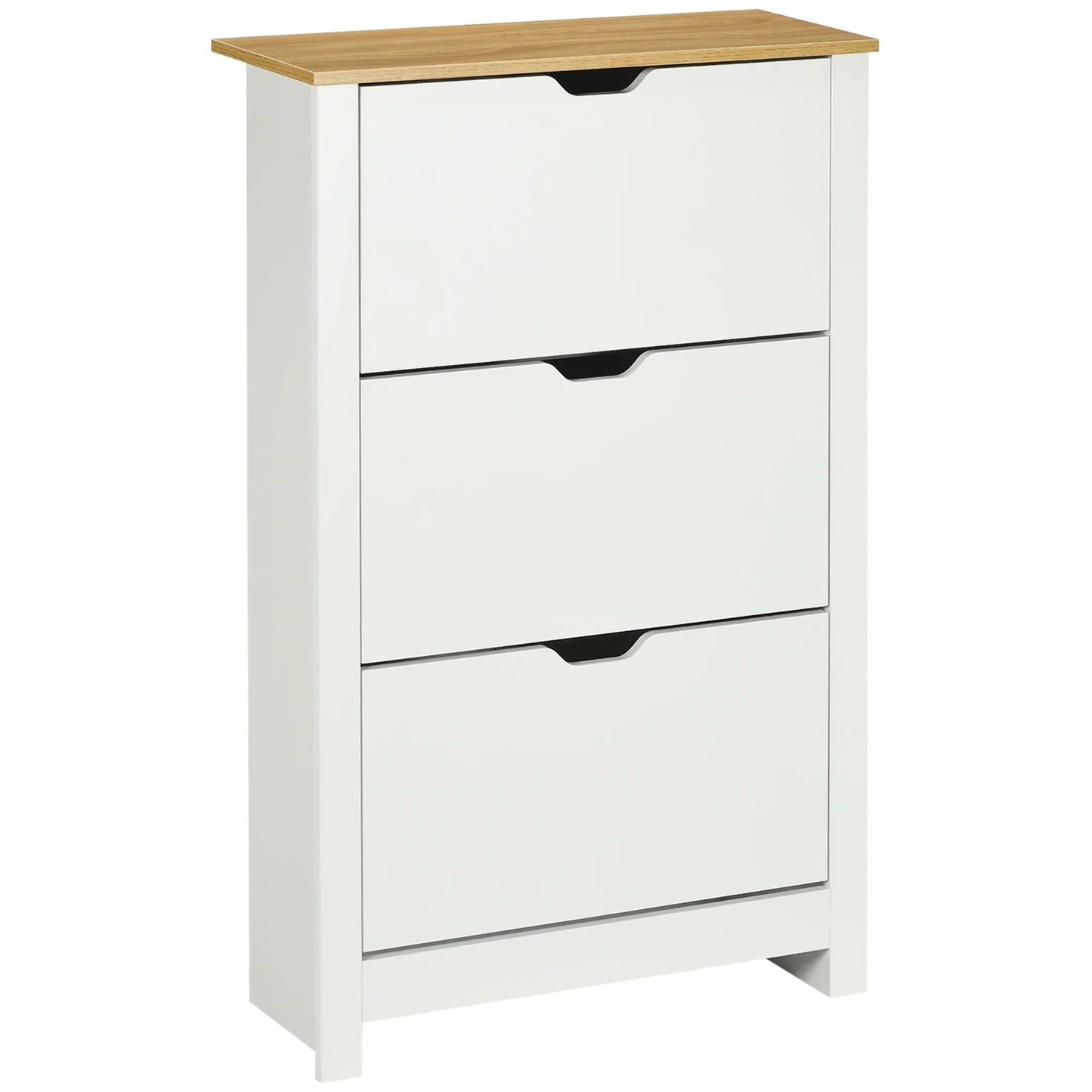 HOMCOM Schuhschrank mit 3 Klappen, Schuhregal, schmaler Schuhschrank mit verstellbarem Fach, Schuhschrank für 18 Paar Schuhe 72 x 26 x 112 cm, Weiß+Natur