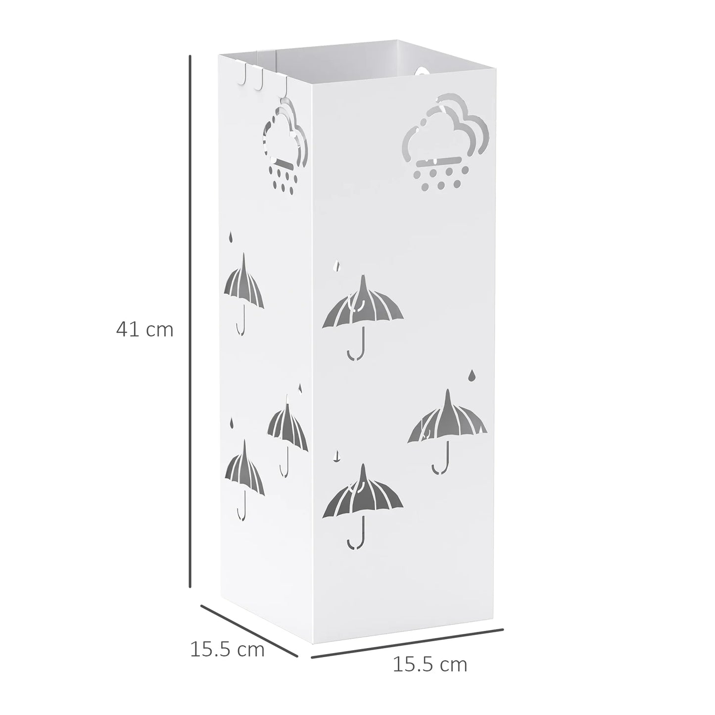 HOMCOM Regenschirmständer aus Stahl mit 4 Haken und abnehmbarem Tropfbehälter – Weißer Regenschirmhalter für Flur und Büro 15,5x15,5x41 cm