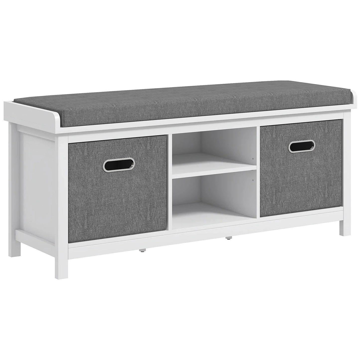 HOMCOM Schuhe-Bank mit verstellbarem 3-stufigem Regal, 2 abnehmbaren Schubladen und Polster, Möbel aus Spanplatte, 105x35x47 cm, Weiß und Grau