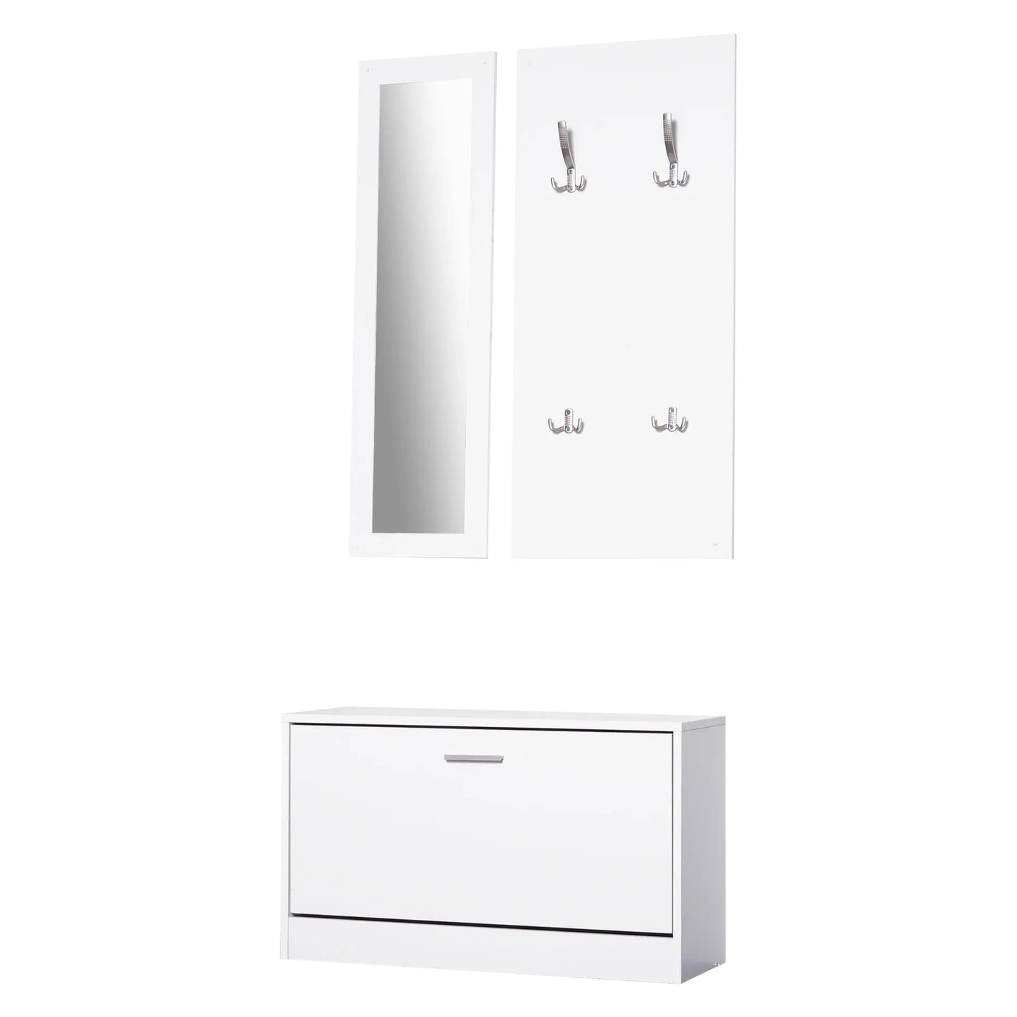 HOMCOM 3-teiliges Dielenmöbel-Set, Schuhschrank, Spiegel, Garderobe mit 4 Kleiderhaken, 80x27x46,5 cm, Weiß