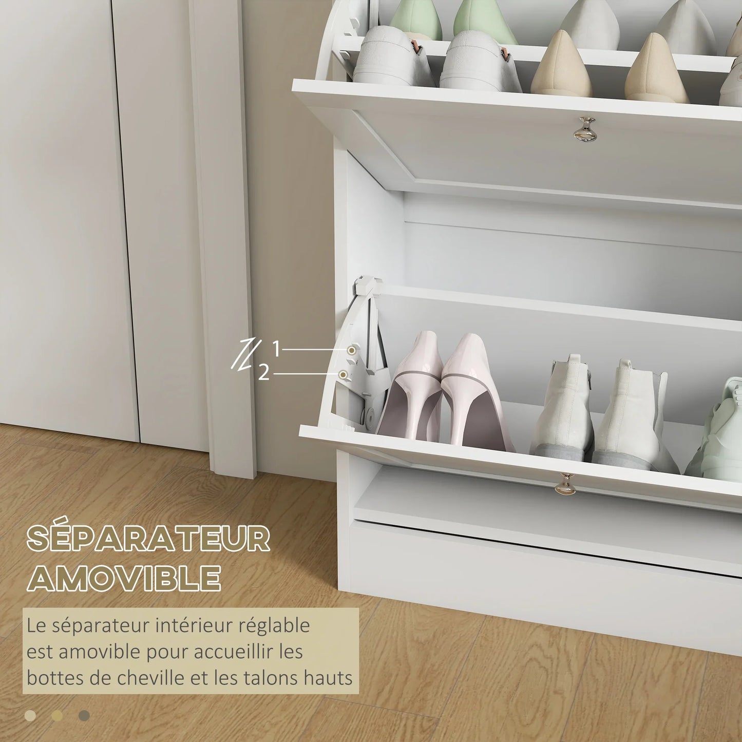 HOMCOM Schuhschrank für 12 Paare, schmaler Schuhaufbewahrungsschrank, modernes Möbelstück für den Eingangsbereich mit 2 Klappschubladen und verstellbaren Regalen, für Flur und Eingangsbereich, 60 x 24 x 80 cm, Weiß