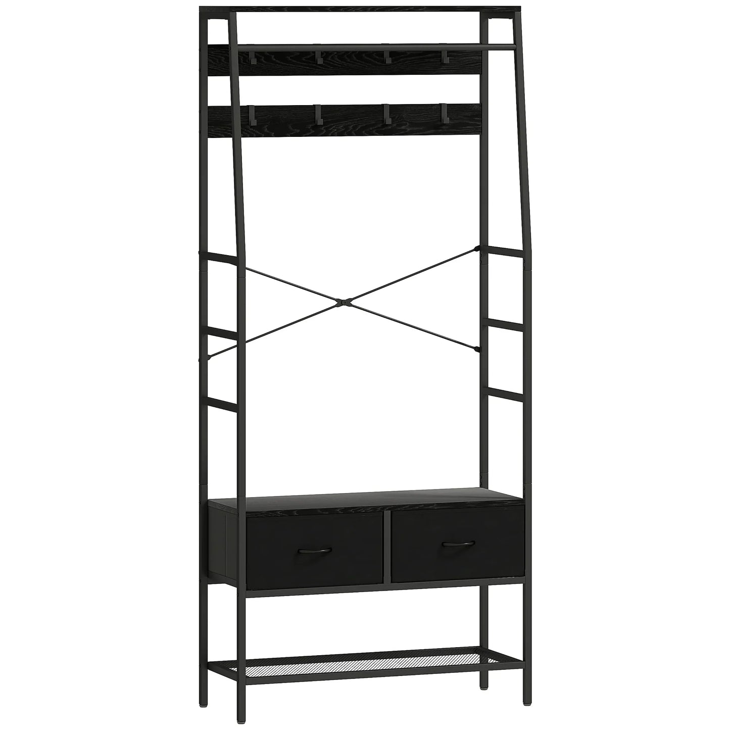 HOMCOM Garderobenständer, Kleiderstange mit Schuhregal, 2 Stoffschubladen, Garderobe mit 8 Haken, Regal, Garderobenständer mit Kippschutz, für Eingangsbereich, Flur, Schlafzimmer, Schwarz
