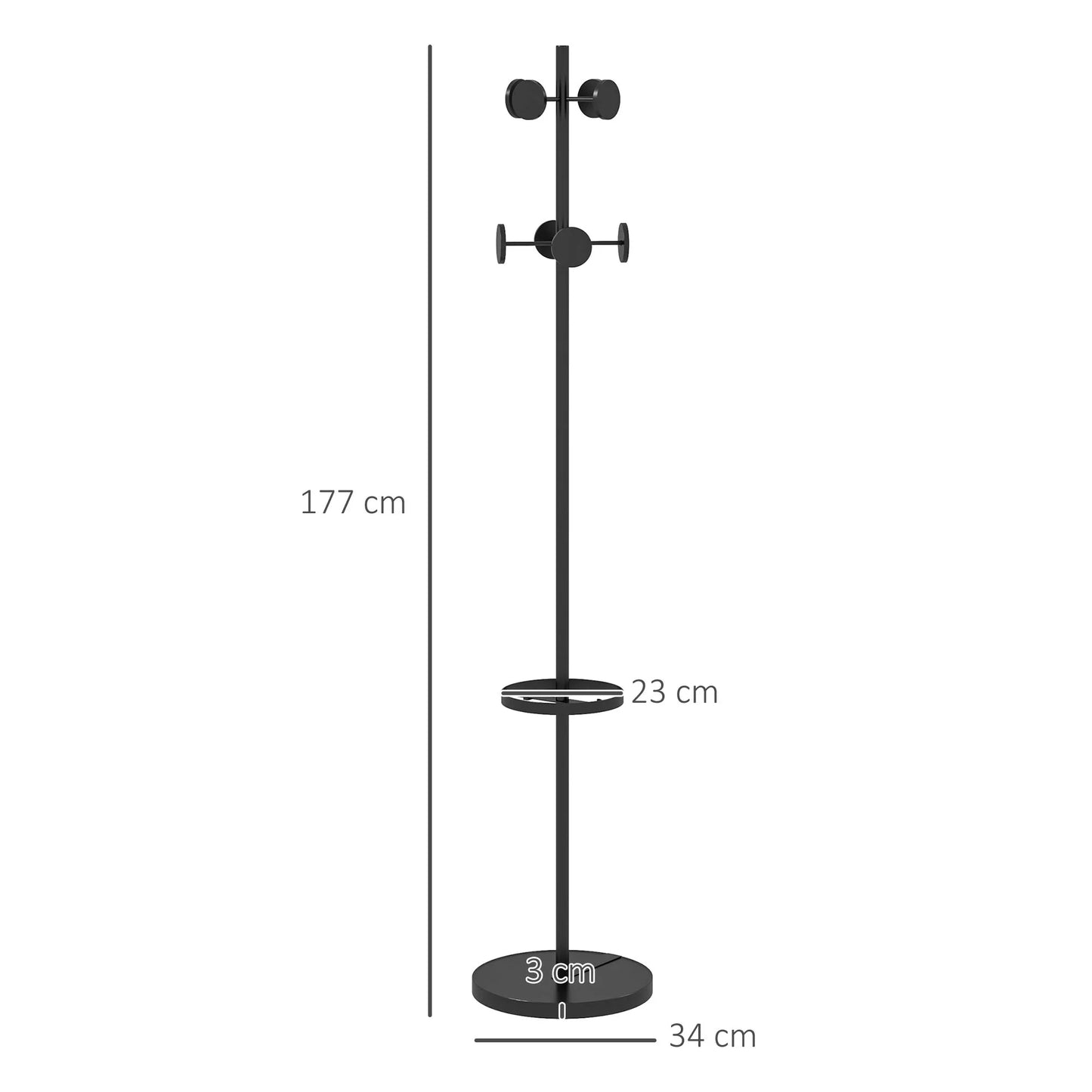 HOMCOM Freestanding Coat Rack with Umbrella Holder – Metal Coat Stand with 12 Hooks for Umbrellas and Bags, Tree Shape for Hallway, Entrance, Bedroom Ø34x177 cm Black