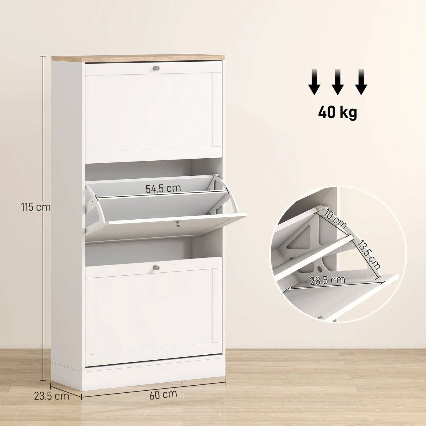 HOMCOM Schlanker Schuhschrank mit 3 Kipptüren – Schuhaufbewahrung für den Eingangsbereich mit verstellbaren Einlegeböden für 18 Paar Schuhe für schmale Flure 60x23,5x115 cm Weiß