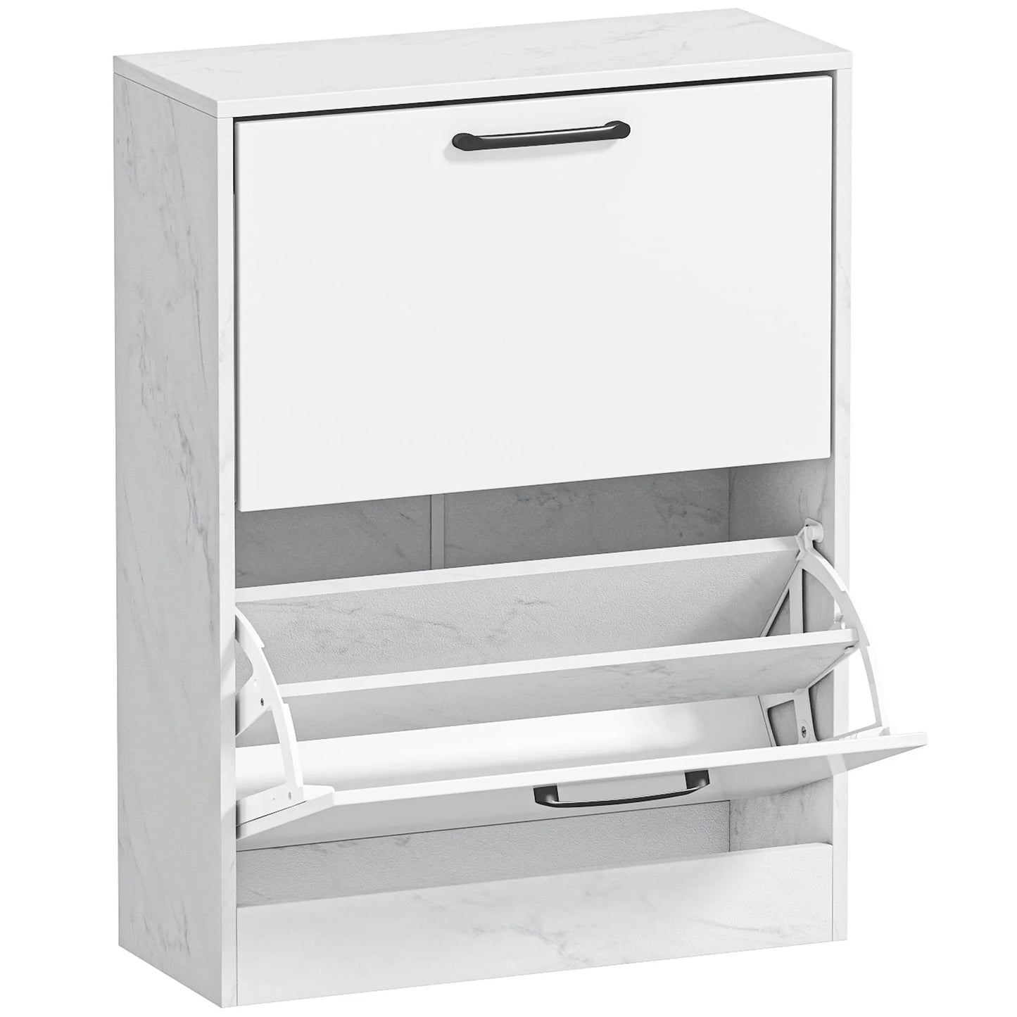 HOMCOM Schmaler Schuhschrank mit 2 Hochglanz-Klapptüren, verstellbaren Einlegeböden, Marmor-Design, für bis zu 8 Paar – Weiß (60 x 24 x 80 cm)