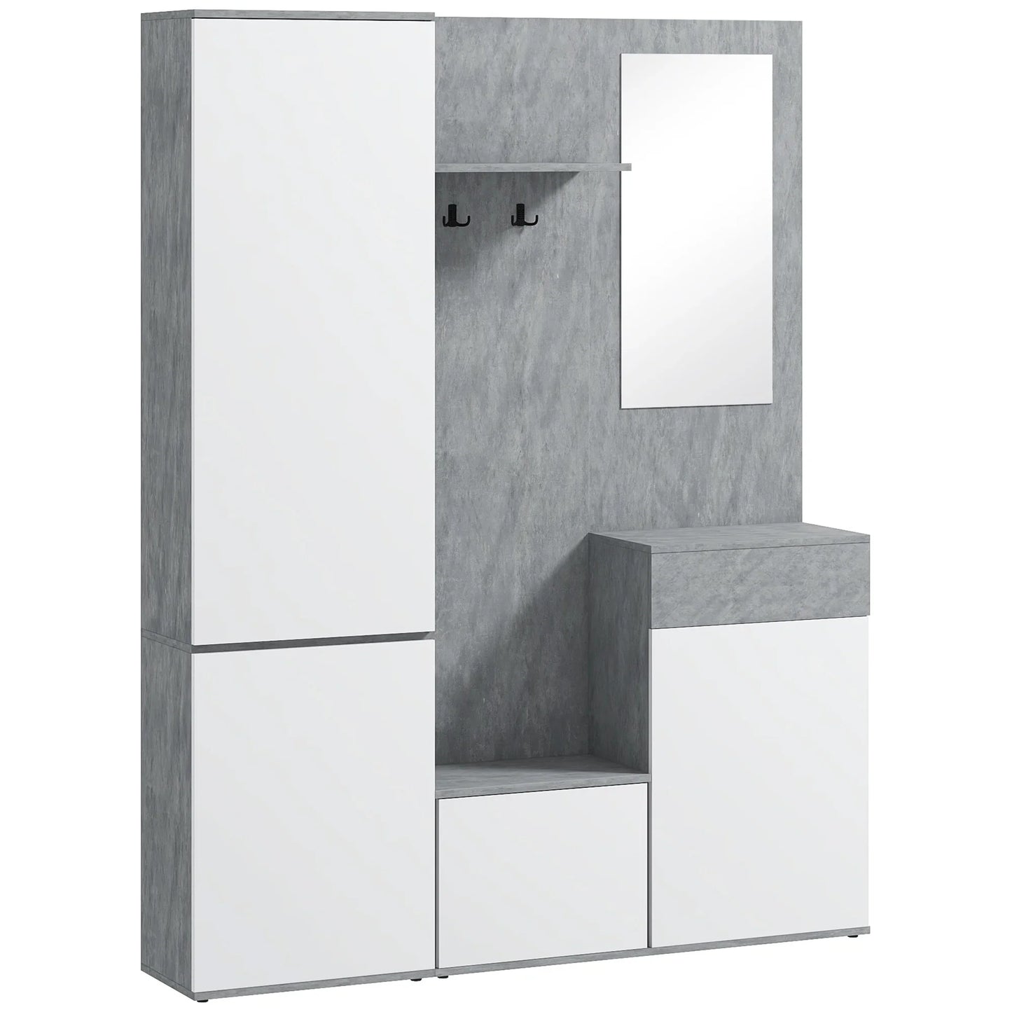 HOMCOM 4-in-1 Garderobenständer mit Spiegel, Haken und verstellbaren Innenregalen, multifunktionale Garderobenmöbel aus Holz mit Schublade, 145x29x184 cm, Grau und Weiß