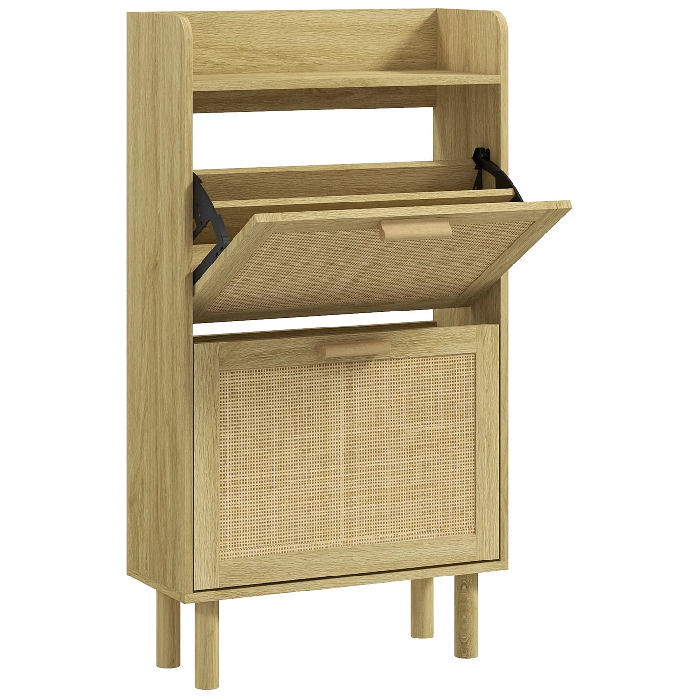 HOMCOM Shoe Cabinet for Entryway, Bohemian Style – Shoe Storage for 18 Pairs of Shoes with 2 Flip-Down Drawers and 1 Open Shelf – Narrow Shoe Rack for Hallway 80x24.5x110 cm Oak