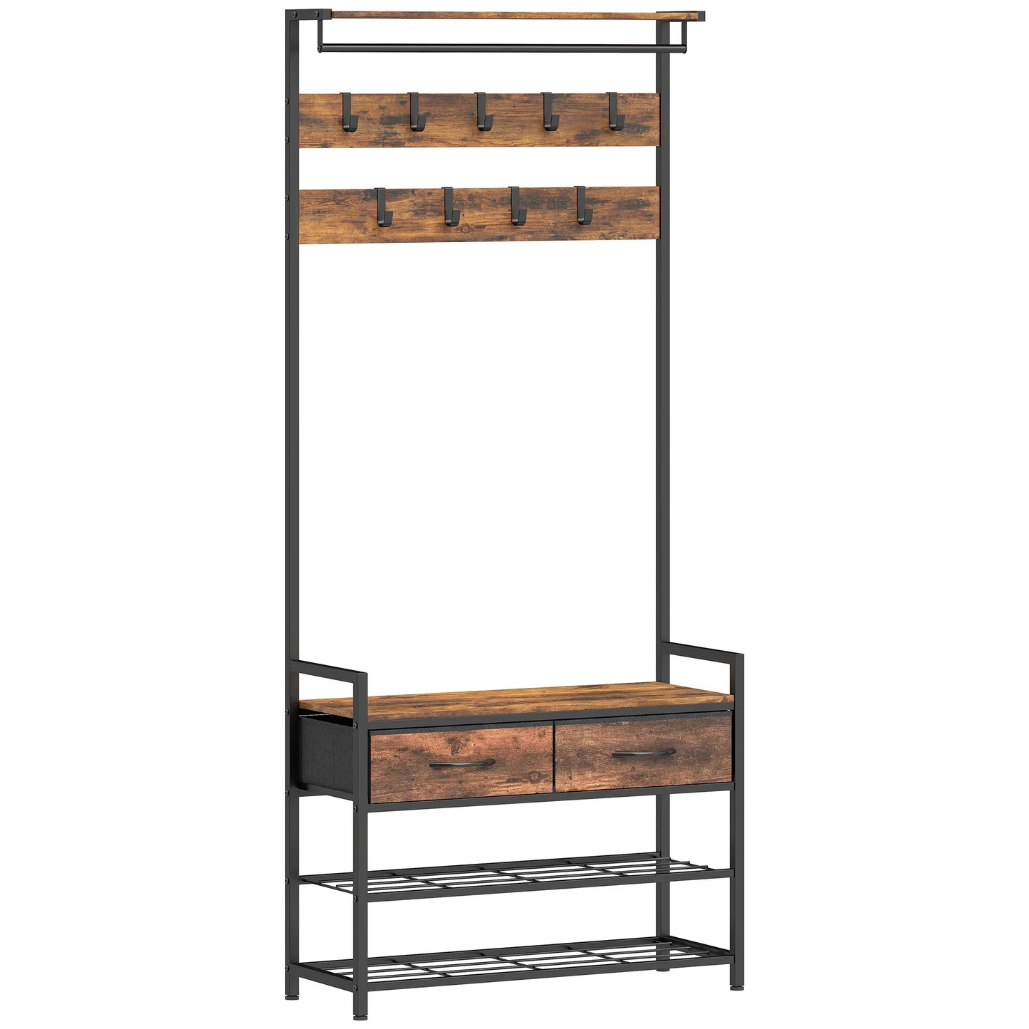 HOMCOM 5-in-1 Garderobenbaum mit Sitzbank & Organizer, Industrielles Stahlgestell, Rustikalbraun