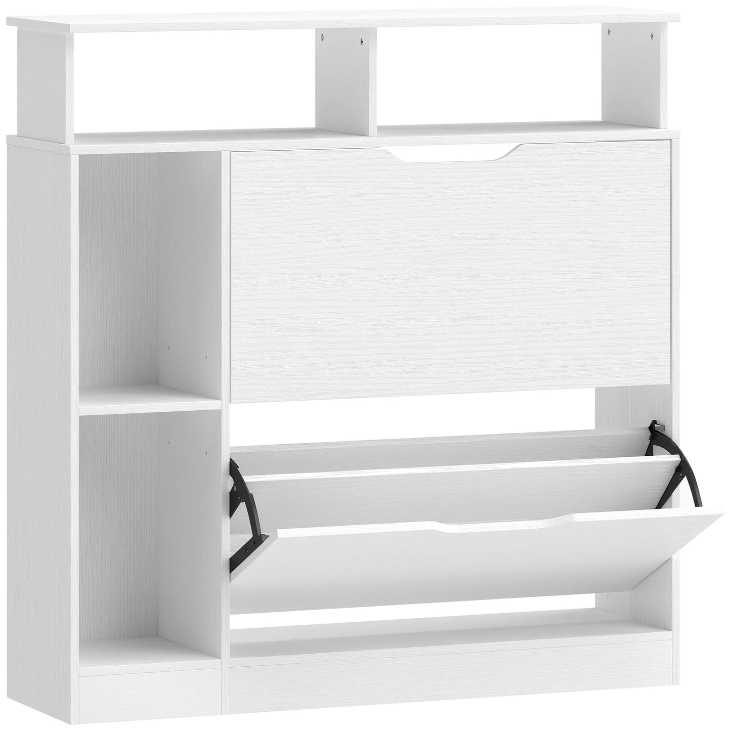 HOMCOM Narrow Shoe Cabinet with 2 Flaps, Open Compartments & Adjustable Shelf, 89 x 25 x 92 cm, White