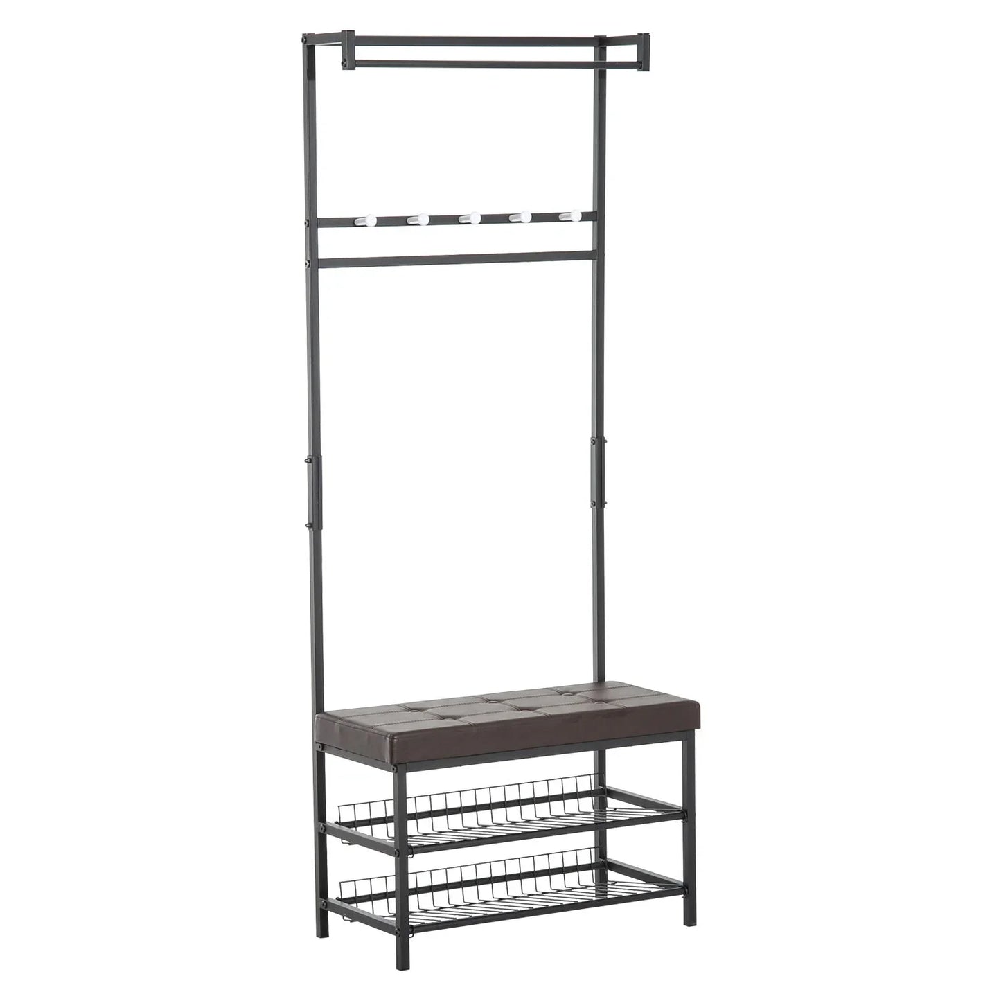 HOMCOM Garderobenständer mit 5 Haken und Schuhbank mit 2 Ebenen, Metallkleiderständer für Flur, Schlafzimmer, 72,5 x 35 x 180 cm