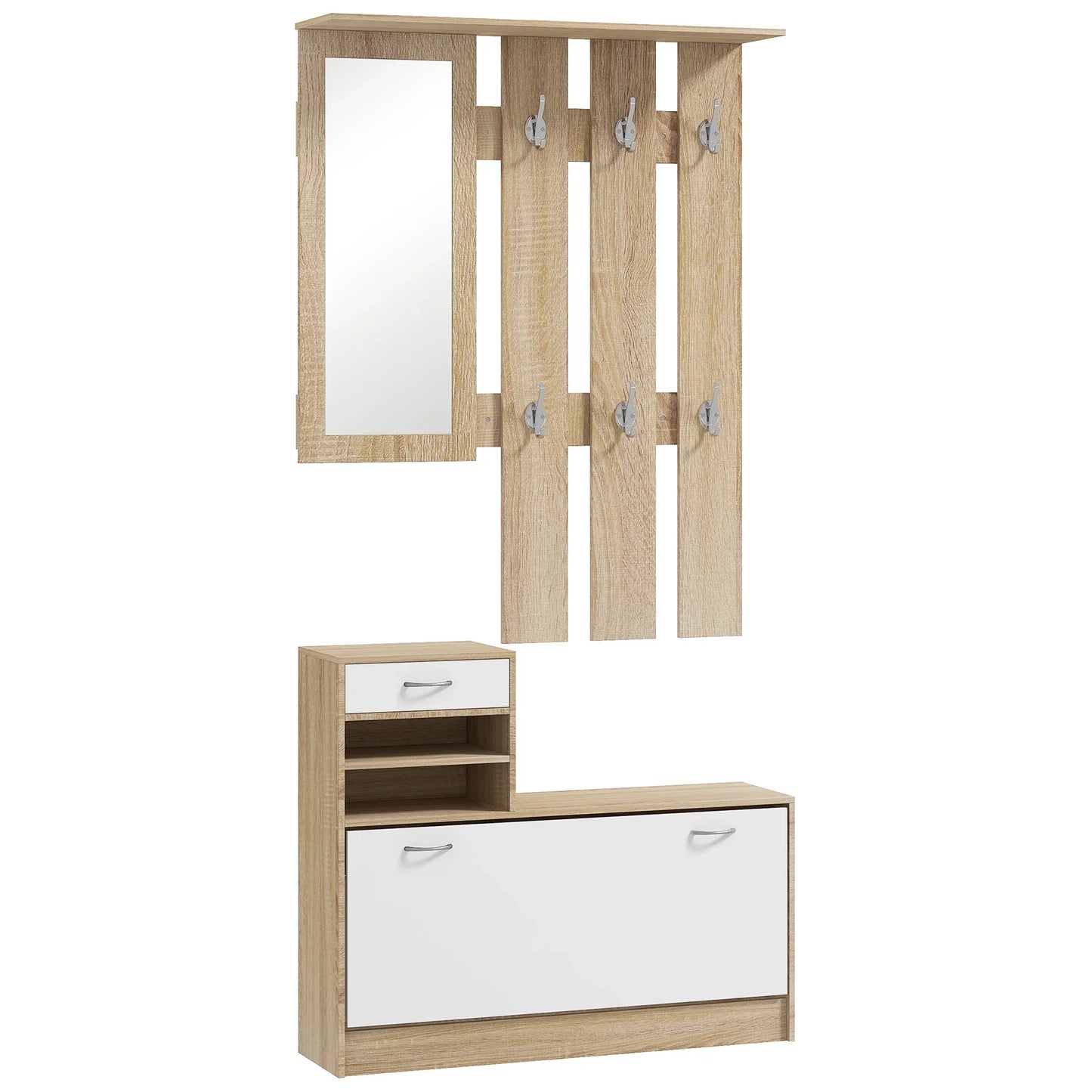 HOMCOM Flur-Organizer mit Spiegel, Garderobe und Schuhschrank – 2-teiliges Möbelset für den Eingangsbereich mit 6 Haken, Regalen und Klappschublade für einen natürlichen Flur