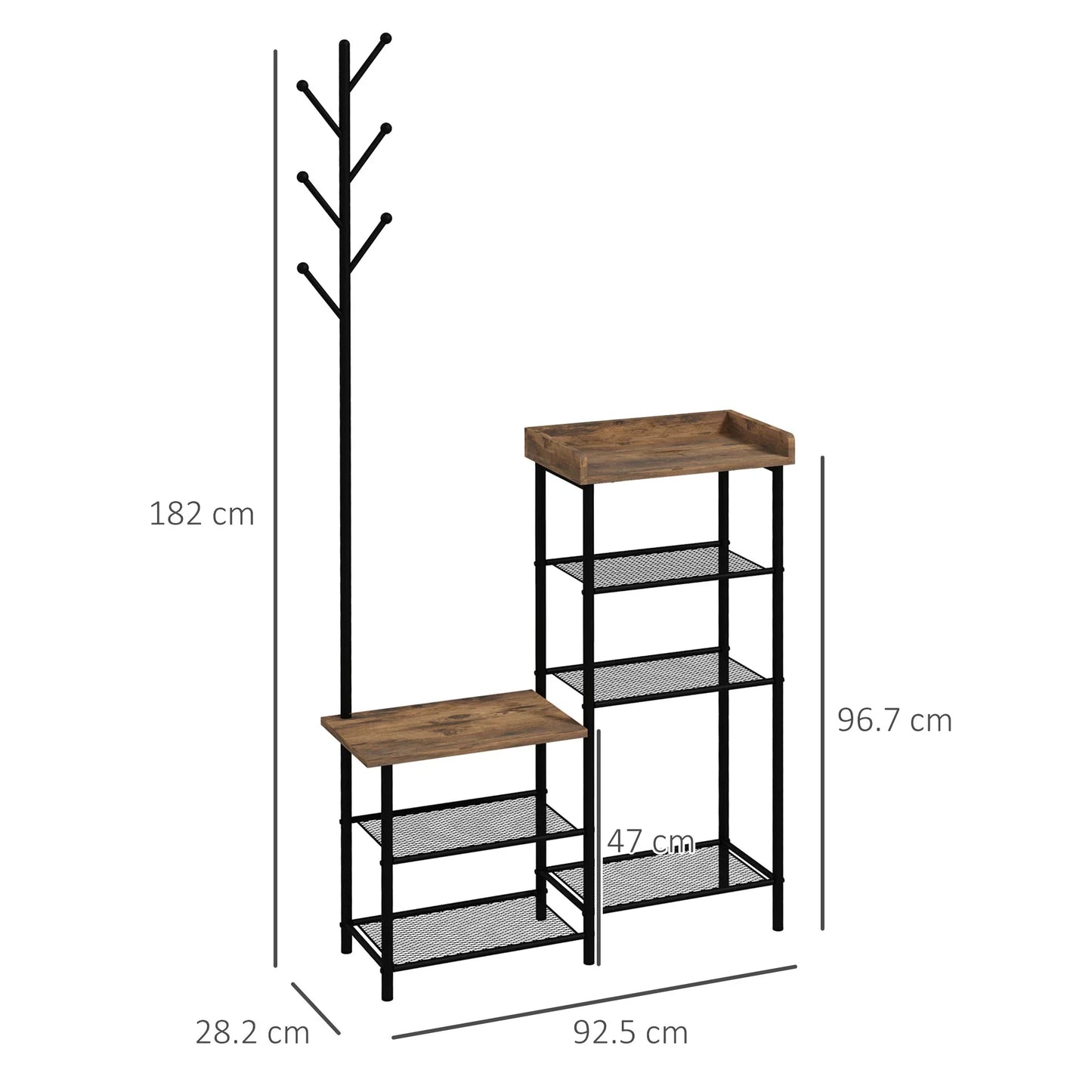 HOMCOM Garderobenständer mit Schuhregal und 5 Ablagen – Garderobenständer mit 6 Haken zum Aufhängen von Taschen und Kleidung im Industrie-Design 92,5x28,2x182 cm Rustikal Braun