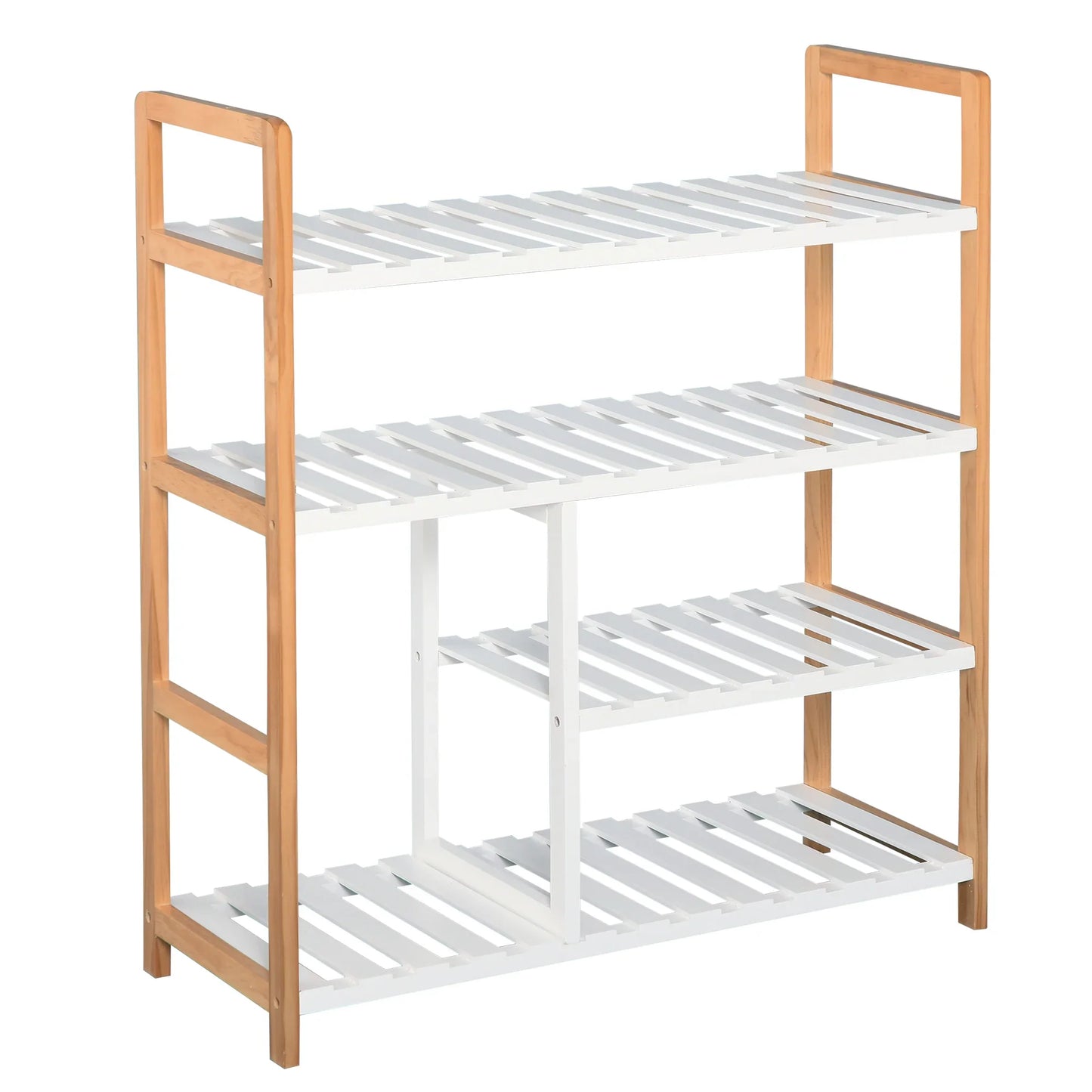 HOMCOM Schuhregal mit 4 Ebenen für bis zu 11 Paar Schuhe und Stiefelfach aus massivem Kiefernholz, 68x26x78 cm, Weiß