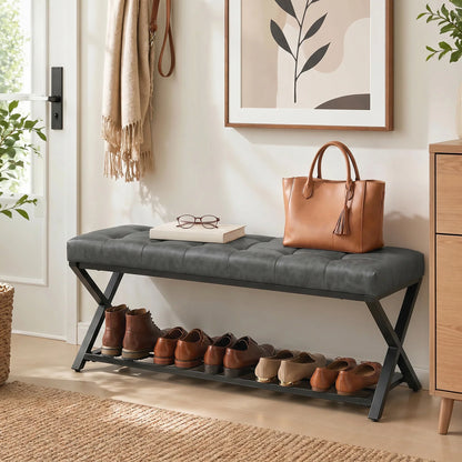 HOMCOM Gepolsterte Schuhbank mit Stauraum — Industrial X‑Frame Stahl, PU‑Kunstleder, 220 kg Tragfähigkeit, 112×37×47 cm, Dunkelgrau