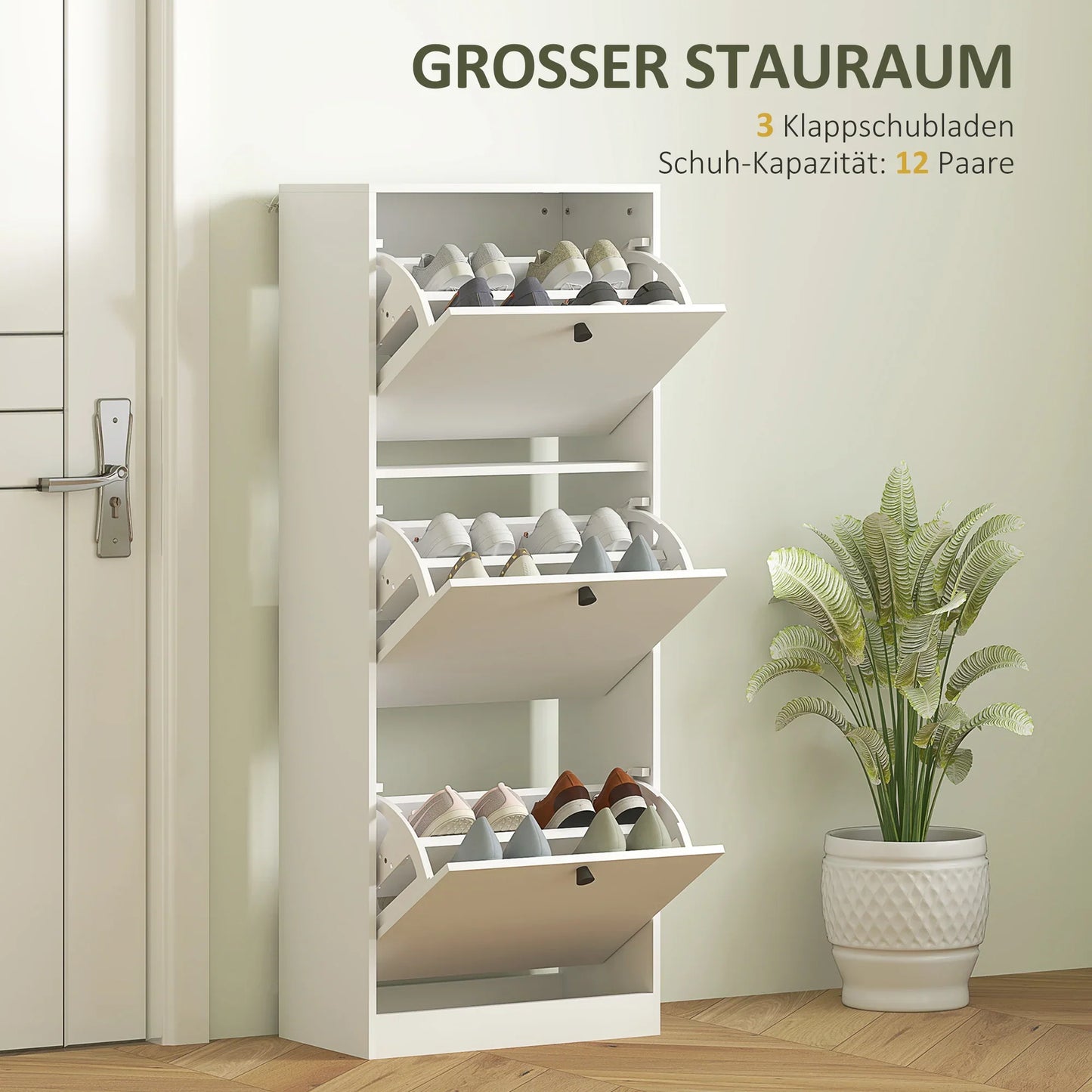 HOMCOM Schuhschrank mit 3 Klappen, Schuhregal mit verstellbarem Fach, schmaler Schuhschrank für 12 Paar Schuhe 47 x 26 x 120 cm, Weiß