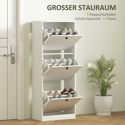 HOMCOM Schuhschrank mit 3 Klappen, Schuhregal mit verstellbarem Fach, schmaler Schuhschrank für 12 Paar Schuhe 47 x 26 x 120 cm, Weiß