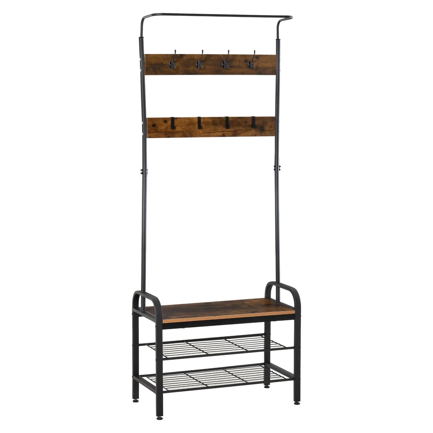 HOMCOM Clothes Rail Shoe Rack with 8 Hooks and 2 Shelves MDF Black 72.8 x 34 x 182 cm
