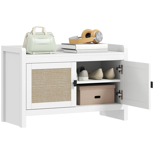 HOMCOM Bohemian Schuhbank mit Rattan-Fronttüren, Abnehmbares Regal für 8 Paar Schuhe für Flur und Schlafzimmer 80x35x52 cm Weiß
