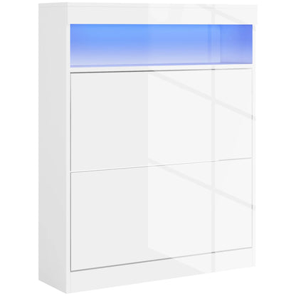 HOMCOM Shoe Cabinet for Entrance Area, Wall-Mounted or Free-Standing with LED Lights, Open Shelf and 2 Tilt-Out Drawers for 12-16 Pairs of Shoes, 80x24x99.5 cm, Light White