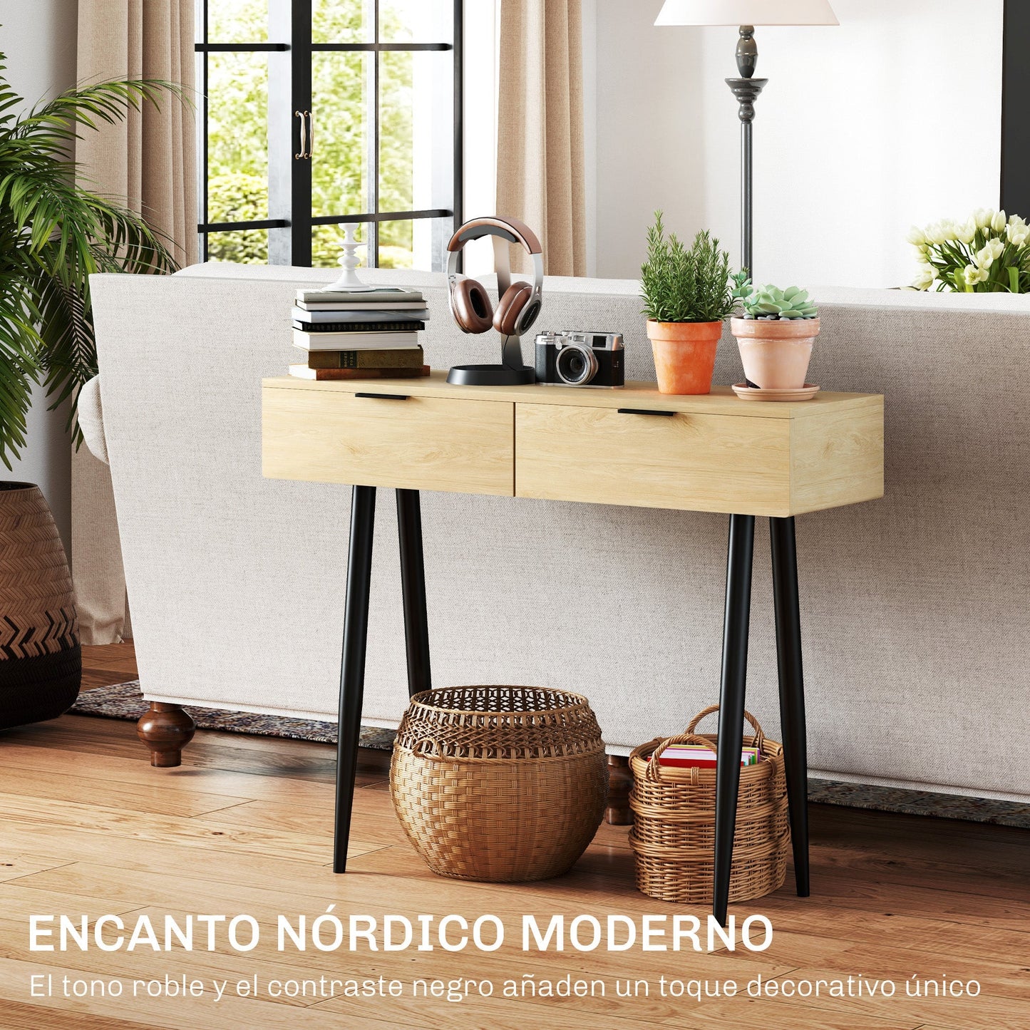 HOMCOM Console Table for Hallway with 2 Drawers and Steel Legs, 100x30x80.5 cm, Oak