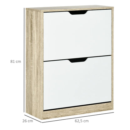 HOMCOM Schuhschrank aus Holz mit 2 Klapptüren und 4 Ablagefächern für 8 Paar Schuhe, für Flur, Diele, Schlafzimmer 62,5x26x81 cm, Weiß und Natur