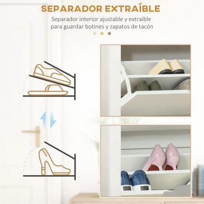 HOMCOM Modern Shoe Cabinet Entrance Shoe Rack for 12 Pairs of Shoes with Drop-Down Drawers and Adjustable Shelves Slim Shoe Storage for Hallway 72x26x80 cm White