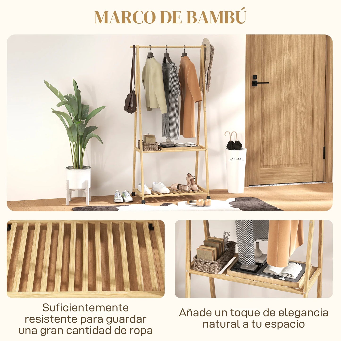 HOMCOM Bambus Kleiderständer mit Rollen, 2 offenen Regalen und 2 Haken, Garderobenständer für Eingangsbereich, Flur, Schlafzimmer 84,5x43,5x158 cm Natur