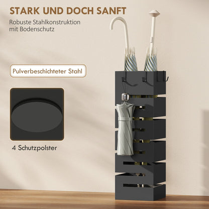 HOMCOM Metal Umbrella Stand, Square, with Removable Drip Tray & 4 Hooks, for Hallway, 15.5 x 15.5 x 49 cm, Black