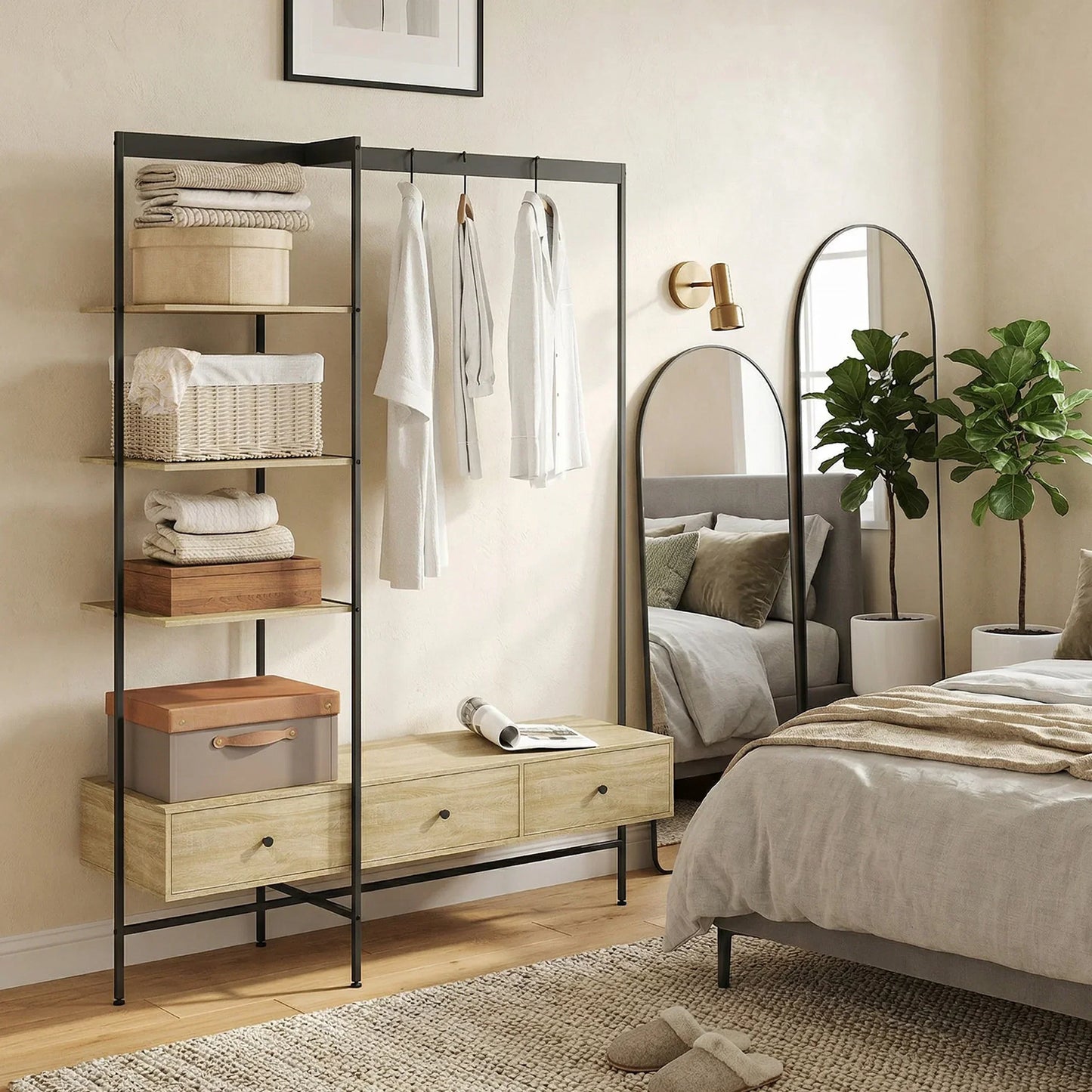 HOMCOM 4-in-1 Freistehender Garderobenständer mit Ablagen, Schubladen & Kleiderstange – Eiche-Optik, Metallgestell, Kippschutz (H 180 cm)