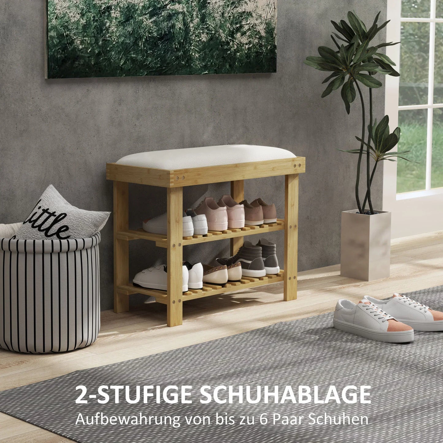 HOMCOM Schuhbank mit Sitzfläche, Bambus Sitzbank mit Stauraum, Schuhregal mit 2 offene Fächer, Sitzbank, Bank, Garderobenbank für Wohnzimmer, Flur, 60 x 29 x 49 cm Cremeweiß