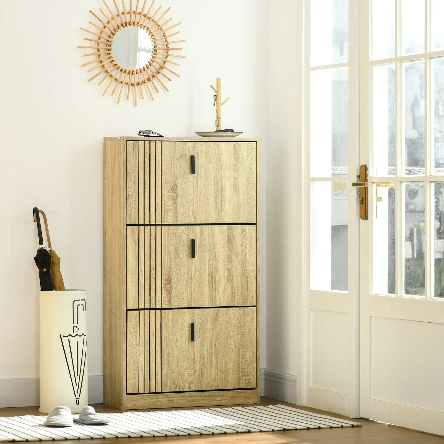 HOMCOM Schuhschrank mit 3 Klappen, für 18 Paar, 3-Fächer Schuhschrank, große Kapazität für Eingangsbereich, Flur, Wohnzimmer, 63 x 24 x 117 cm, Eiche