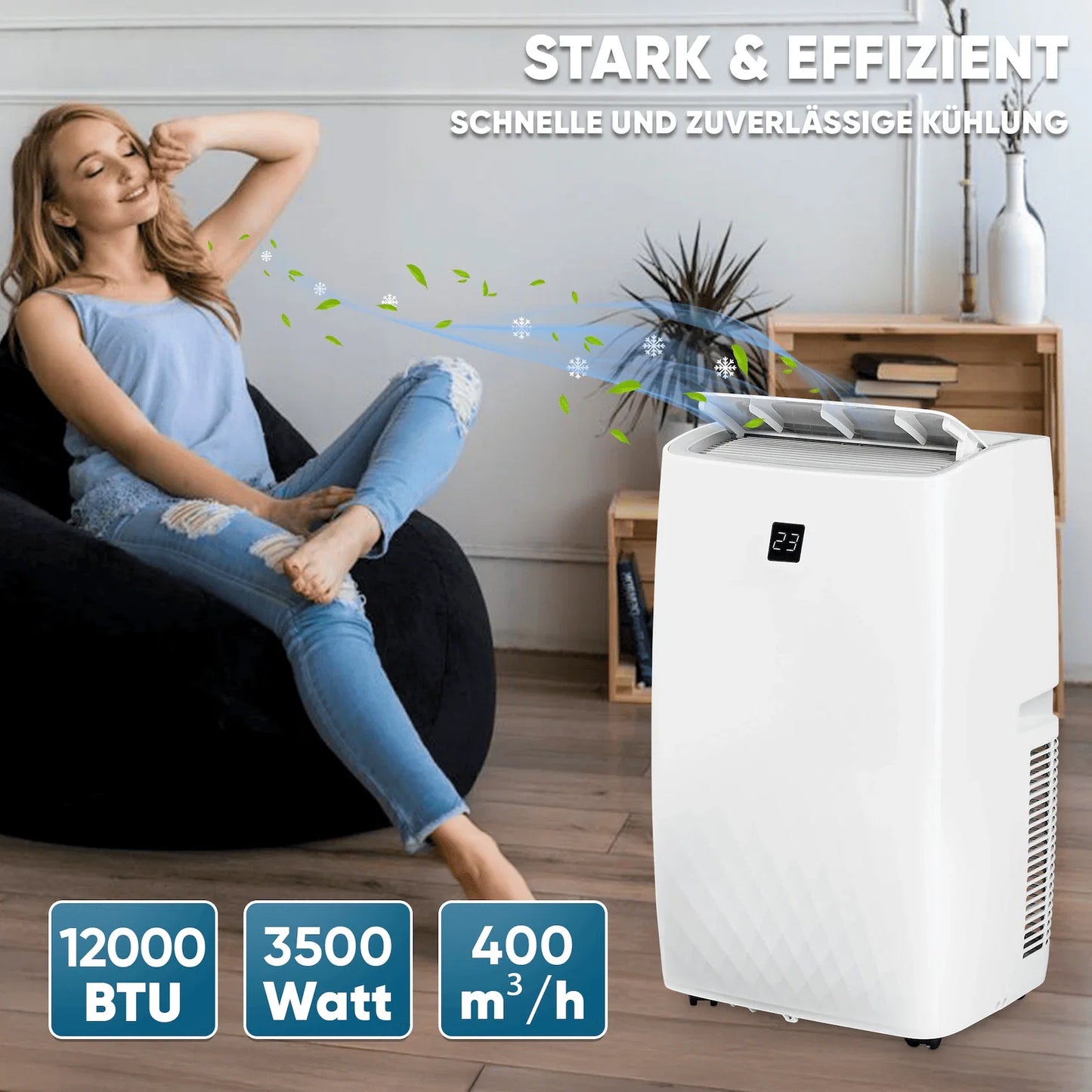 Mobile Klimaanlage 12000 BTU/h (3.500 Watt) - Mobiles Klimagerät 4in1 mit WiFi/App Monoblock Kältemittel - Fernbedienung, 24h-Timer, Luftentfeuchter, Nachtmodus