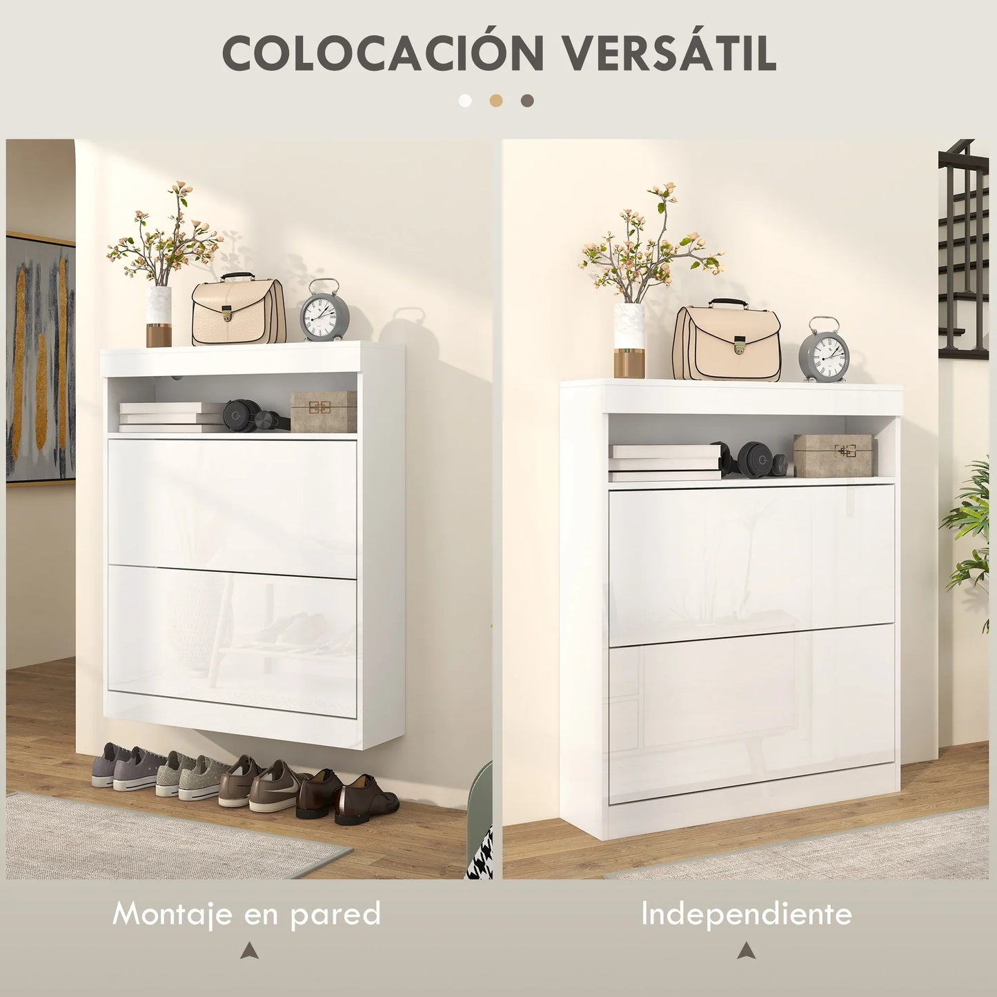 HOMCOM Shoe Cabinet for Entrance Area, Wall-Mounted or Free-Standing with LED Lights, Open Shelf and 2 Tilt-Out Drawers for 12-16 Pairs of Shoes, 80x24x99.5 cm, Light White