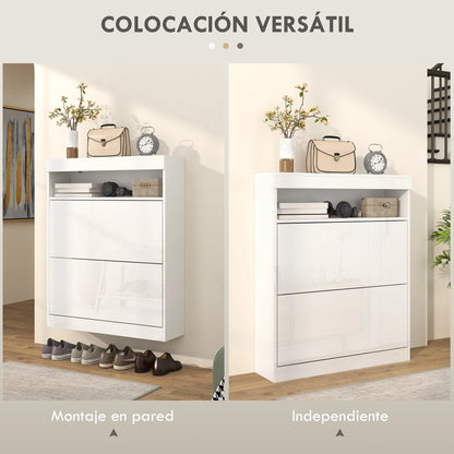 HOMCOM Shoe Cabinet for Entrance Area, Wall-Mounted or Free-Standing with LED Lights, Open Shelf and 2 Tilt-Out Drawers for 12-16 Pairs of Shoes, 80x24x99.5 cm, Light White