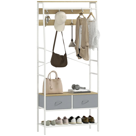 HOMCOM Coat Rack with Shoe Bench – Entryway Hall Tree with Storage Bench, 8 Hooks, 2 Fabric Drawers, Industrial Style Mesh Shelf for Hanging Clothes – Hallway, Bedroom, Living Room 80x30x180.5 cm Natural