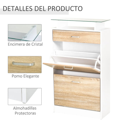 HOMCOM Schuhschrank mit 3 Schubladen, Glasablage und Aluminiumgriff für Flur, 50 kg Belastbarkeit, 60x24x105,5 cm - Natur