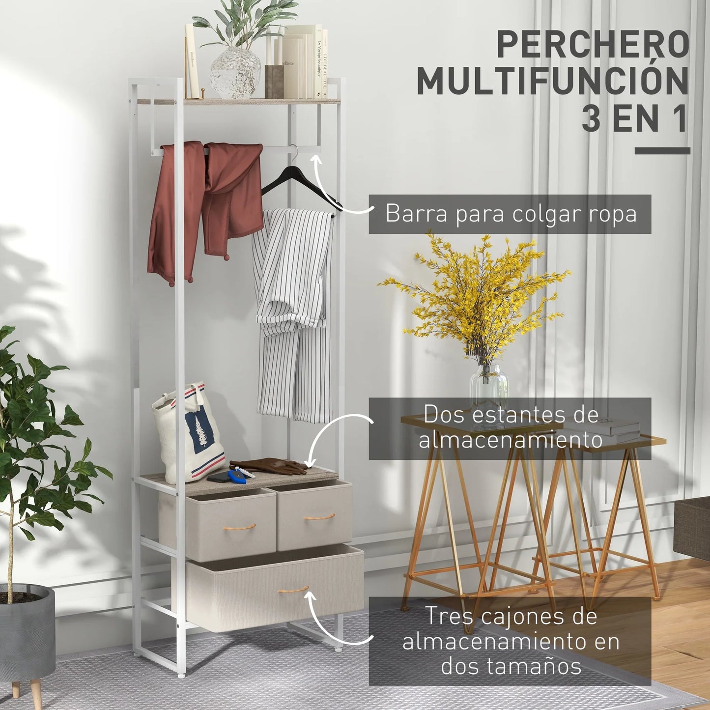 HOMCOM Garderobenständer für Flur mit 3 Stoffschubladen, Kleiderstange und Ablage für Flur, Schlafzimmer, Wohnzimmer 58,5x30x178 cm Natur