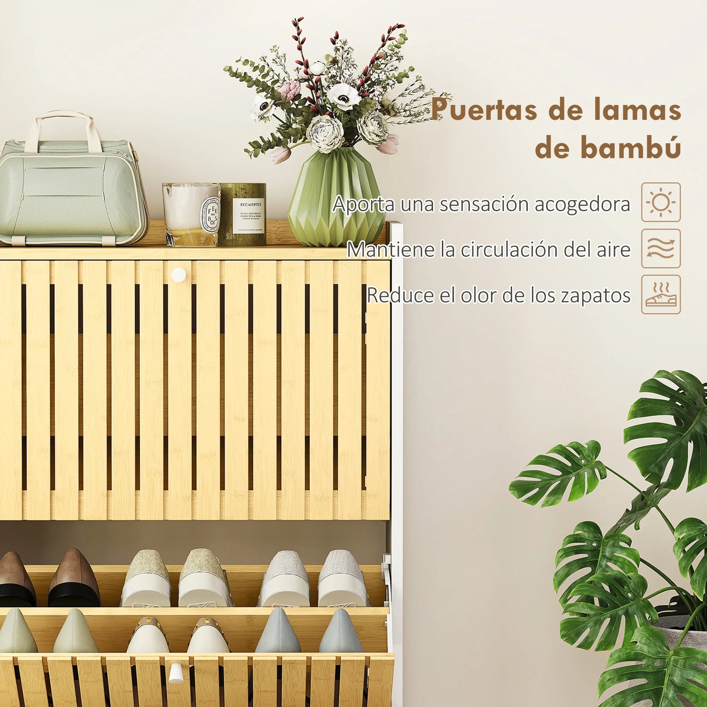 HOMCOM Slim Shoe Cabinet with 2 Bamboo Doors and Adjustable Shelves for 12 Pairs of Shoes 60x24x82.5 cm White and Natural