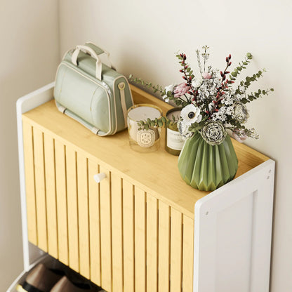 HOMCOM Slim Shoe Cabinet with 2 Bamboo Doors and Adjustable Shelves for 12 Pairs of Shoes 60x24x82.5 cm White and Natural