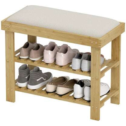 HOMCOM Schuhbank mit Sitzfläche, Bambus Sitzbank mit Stauraum, Schuhregal mit 2 offene Fächer, Sitzbank, Bank, Garderobenbank für Wohnzimmer, Flur, 60 x 29 x 49 cm Cremeweiß