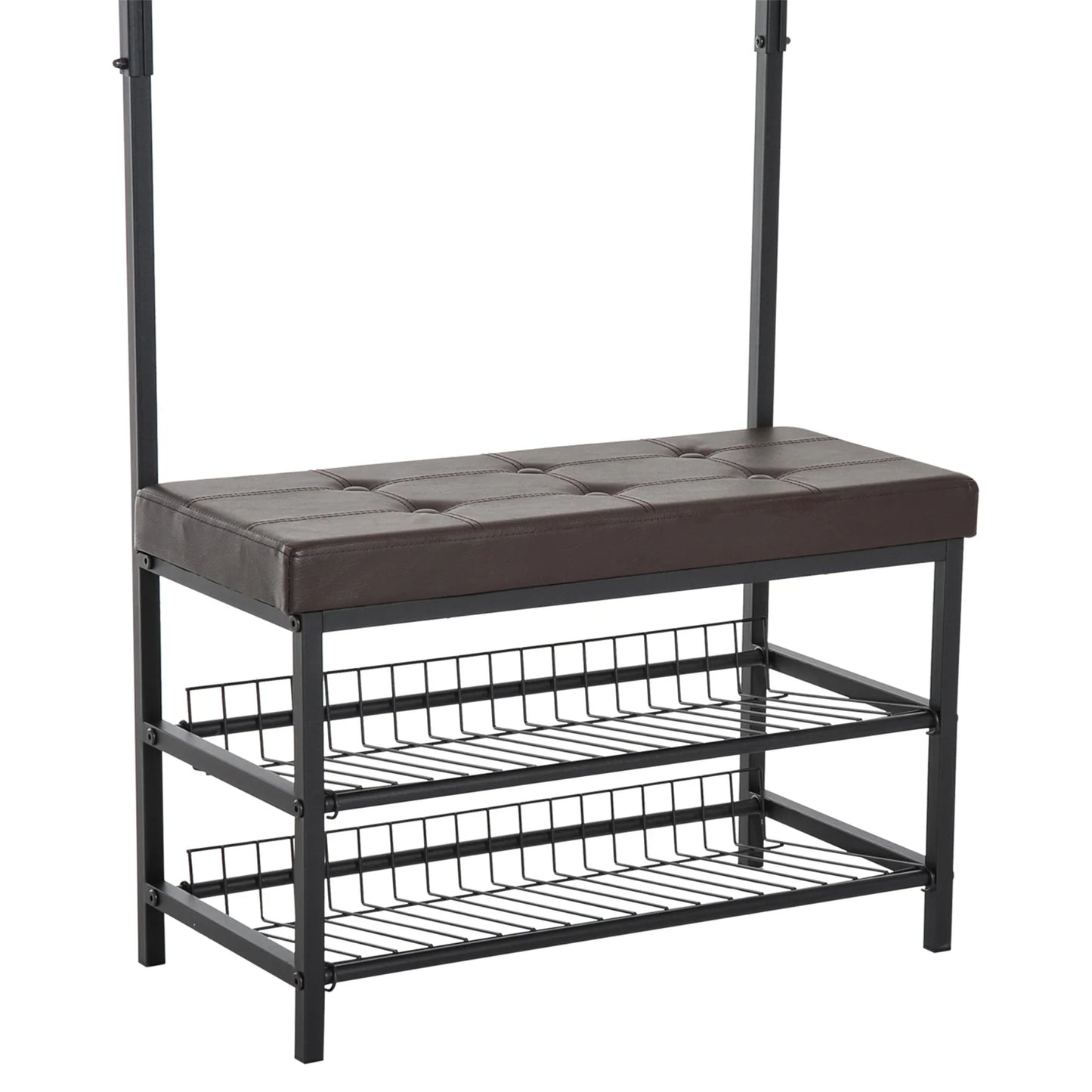 HOMCOM Garderobenständer mit 5 Haken und Schuhbank mit 2 Ebenen, Metallkleiderständer für Flur, Schlafzimmer, 72,5 x 35 x 180 cm