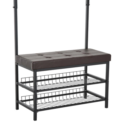 HOMCOM Garderobenständer mit 5 Haken und Schuhbank mit 2 Ebenen, Metallkleiderständer für Flur, Schlafzimmer, 72,5 x 35 x 180 cm