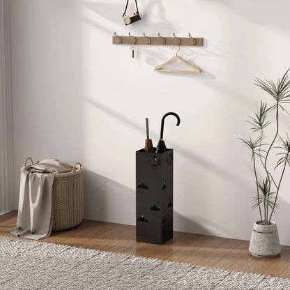 HOMCOM Regenschirmständer mit 4 Haken, abnehmbare Wasserauffangschale, dekorativer Regenschirmhalter für Sonnenschirme, Regentage & Gehstöcke, Stahl 15,5 x 15,5 x 49 cm Schwarz