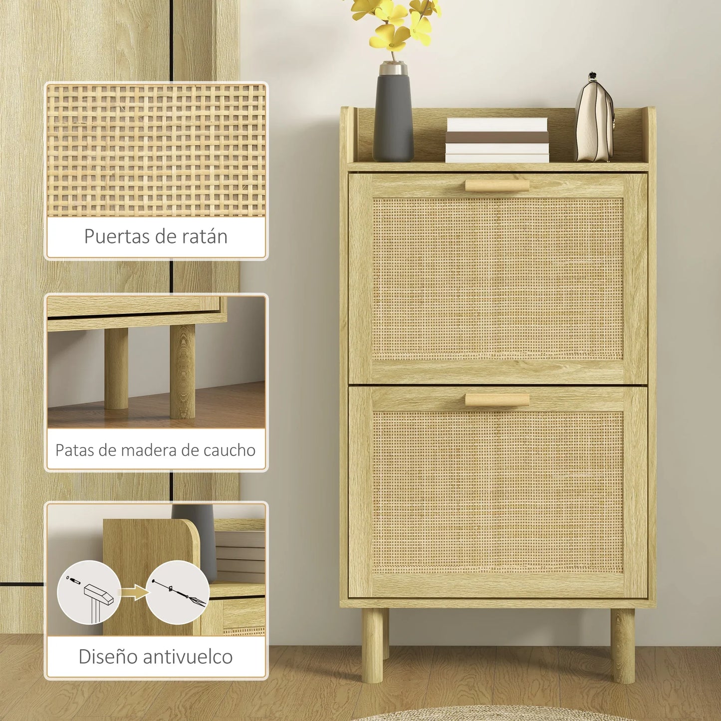HOMCOM Shoe Cabinet for Entryway, Bohemian Style – Shoe Storage for 18 Pairs of Shoes with 2 Flip-Down Drawers and 1 Open Shelf – Narrow Shoe Rack for Hallway 80x24.5x110 cm Oak