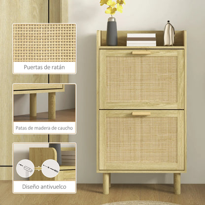 HOMCOM Shoe Cabinet for Entryway, Bohemian Style – Shoe Storage for 18 Pairs of Shoes with 2 Flip-Down Drawers and 1 Open Shelf – Narrow Shoe Rack for Hallway 80x24.5x110 cm Oak