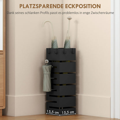HOMCOM Metal Umbrella Stand, Square, with Removable Drip Tray & 4 Hooks, for Hallway, 15.5 x 15.5 x 49 cm, Black